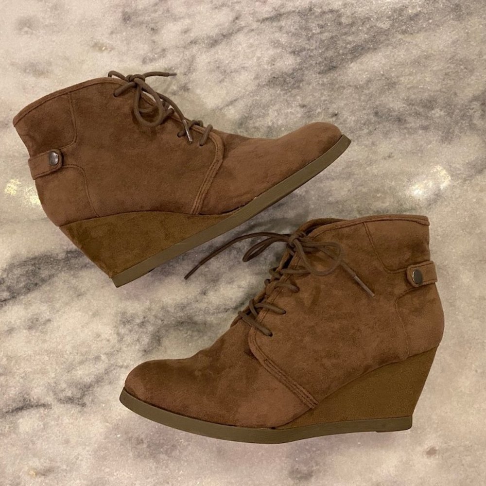 Madden Girl “Dusky” Bootie Taupe Suede Fabric 10M